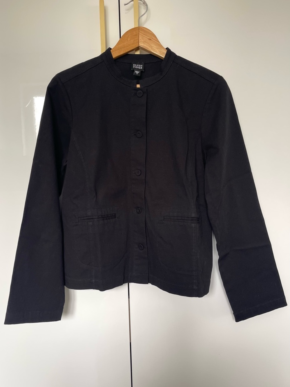 Eileen Fisher Black Round-Neck Buttoned Jacket